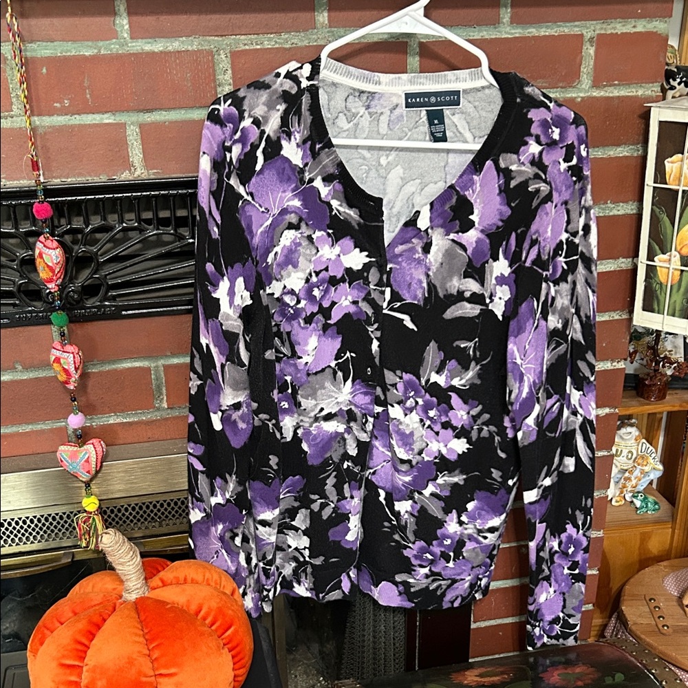 Karen Scott Black and Purple Floral Sweater